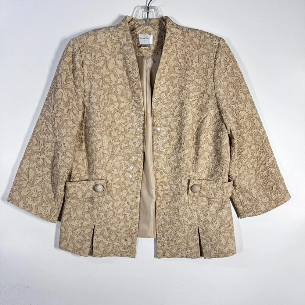 Emma James Skirt Suit Set Womens 12P Beige 3pc Floral Jacket Formal Bridal Party